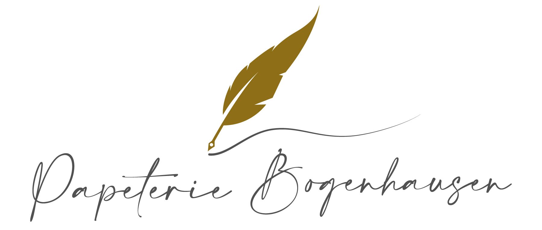 Logo der Papeterie Bogenhausen mit einer goldenen Feder und stilisiertem Schriftzug.