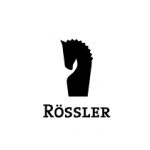 Schwarzes Logo von Rössler mit einer stilisierten Schachfigur in Form eines Pferdes.
