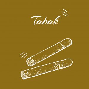 Zwei handgezeichnete Zigarren auf einem braunen Hintergrund mit dem Wort 'Tabak' darüber.