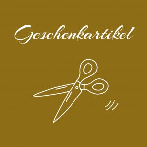 Illustration einer Schere mit dem Text Geschenkartikel in einer minimalistischen Darstellung.